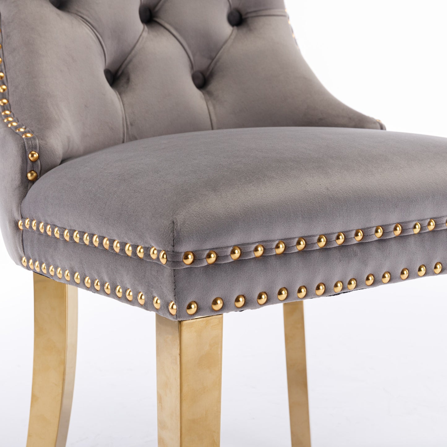 Tufted solid wood velvet cushioned dining chair, gold-plated stainless steel nail leg heads, 2 pieces in gray and gold