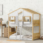 Twin over Twin House Bunk Bed with Roof , Window, Window Box, Door , with Safety Guardrails and Ladder, Natural/White