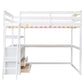 Full Size Loft Bed with Desk and Shelves,Two Built-in Drawers White