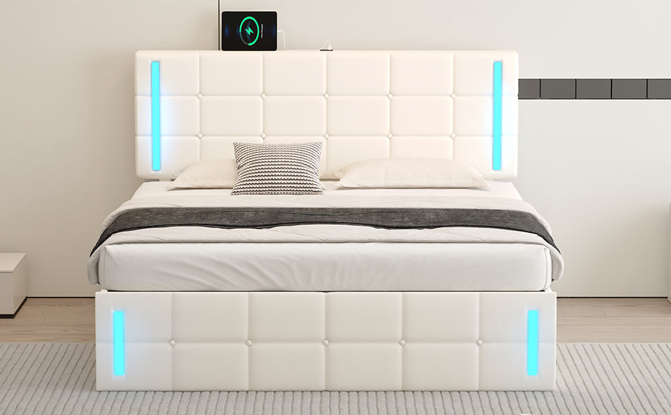 Queen Size Upholstered Bed with LED Lights,Hydraulic Storage System and USB Charging Station,White