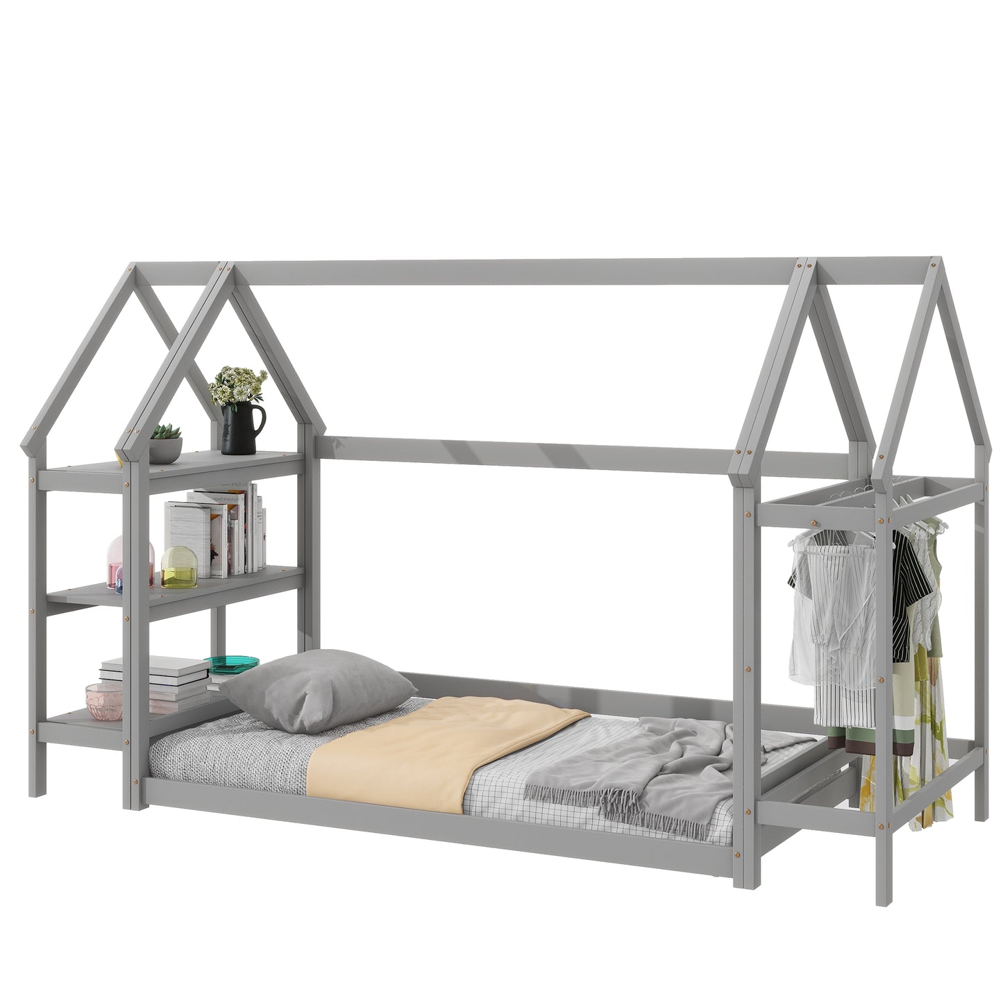 Twin House-Shaped Floor Bed with 2 Detachable Stands Grey