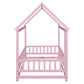 Twin Size Floor Wooden Bed with House Roof Frame, Fence Guardrails,Pink