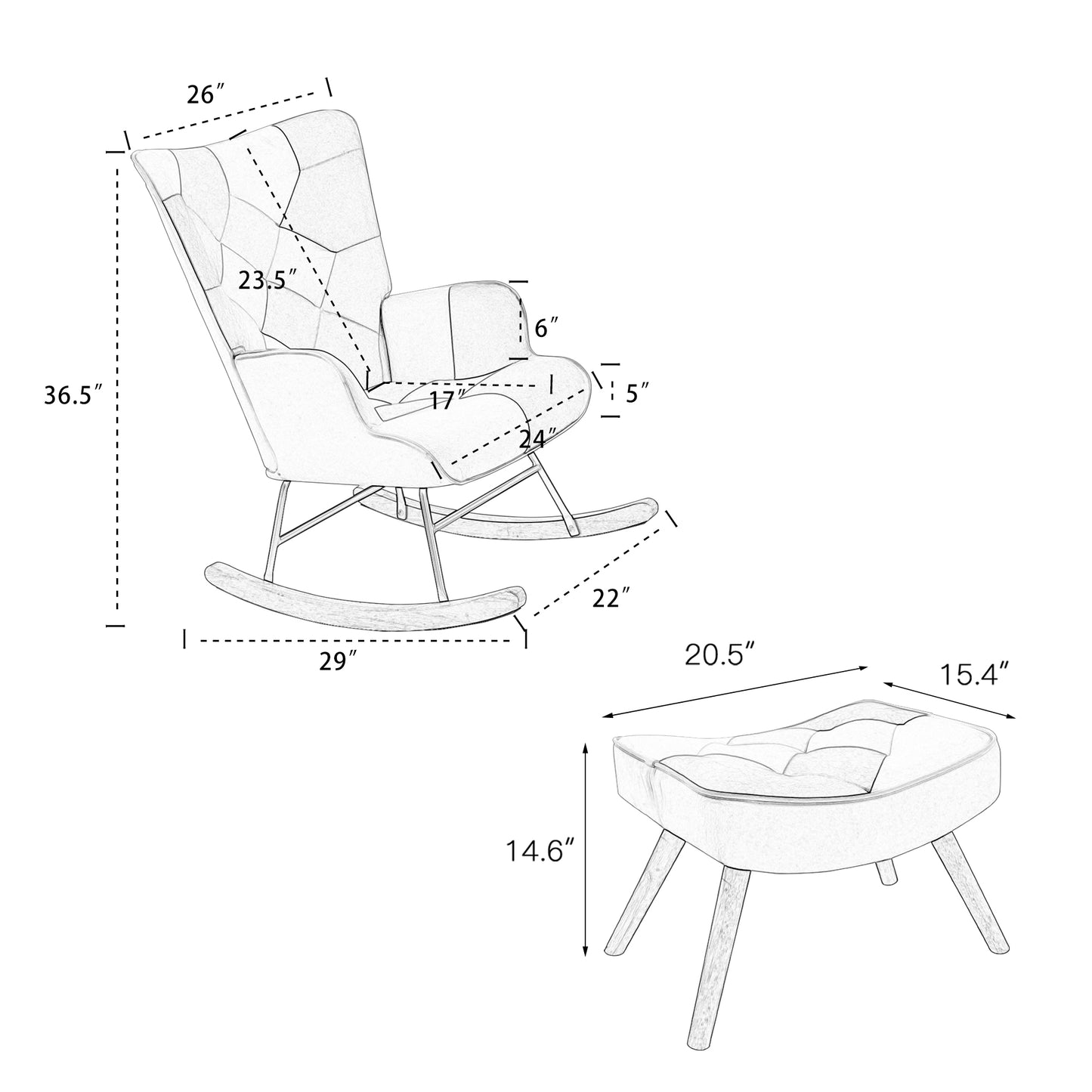 Rocking Chair with ottoman, Mid Century Fabric Rocker Chair with Wood Legs and Patchwork Linen for Livingroom Bedroom