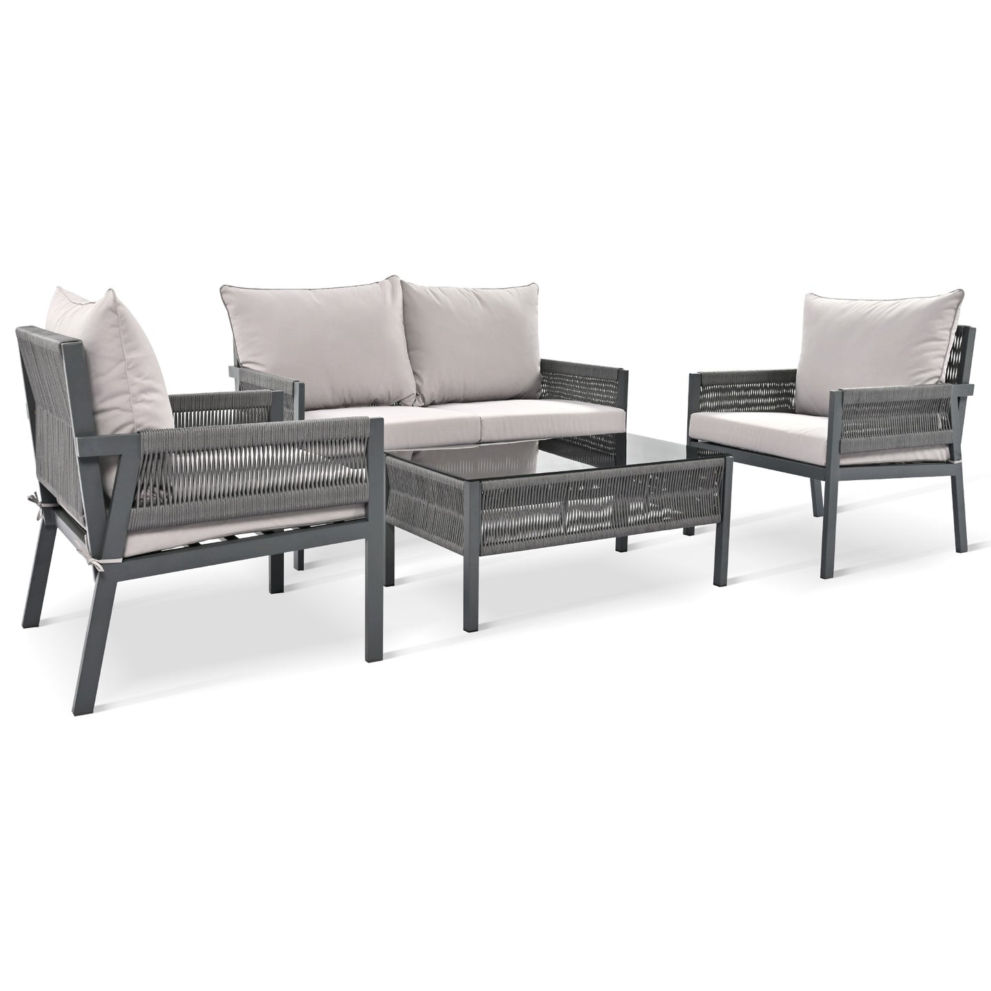 Outdoor Furniture with Tempered Glass Table, Deep Seating with Thick Cushions for Backyards and Porches, Grey