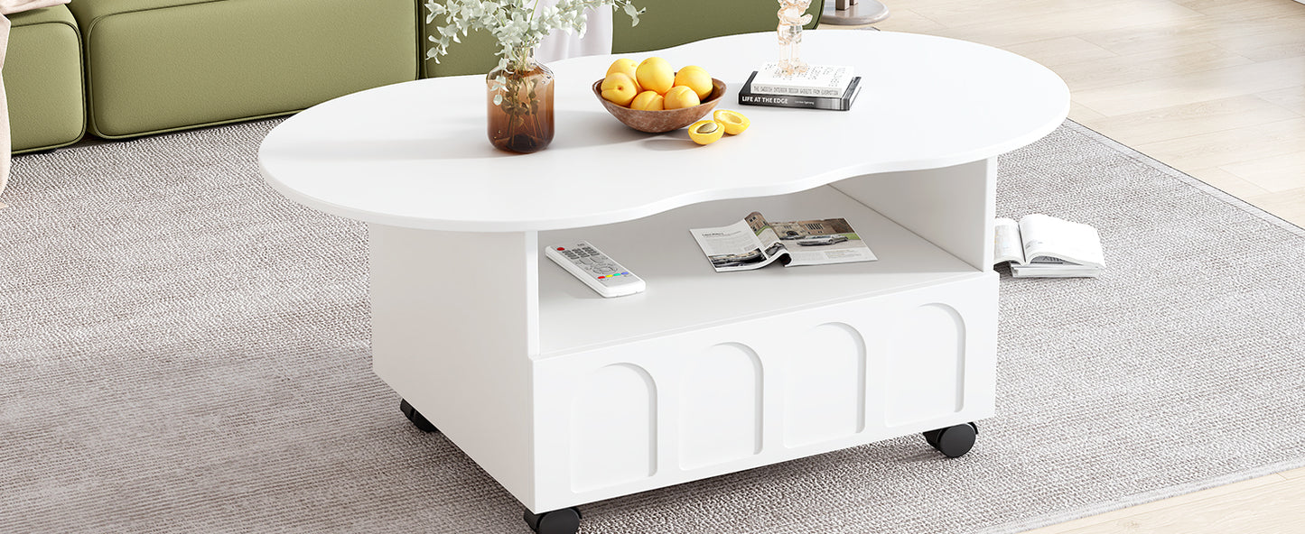 ON-TRANS flexible cream style coffee table with 2 brake wheels, drawers, large storage space, white, 39.37 '' x 23.6 ''