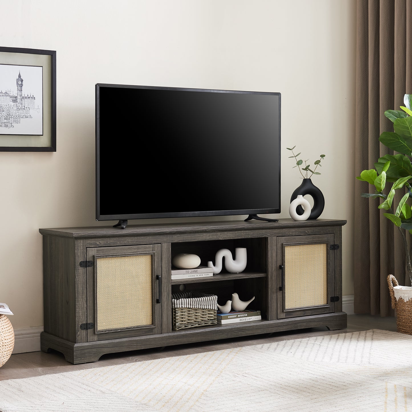 Vine TV stand console table, suitable for TVs under 70 inches, equipped with 2 storage shelves and 2 natural rattan doors, gray