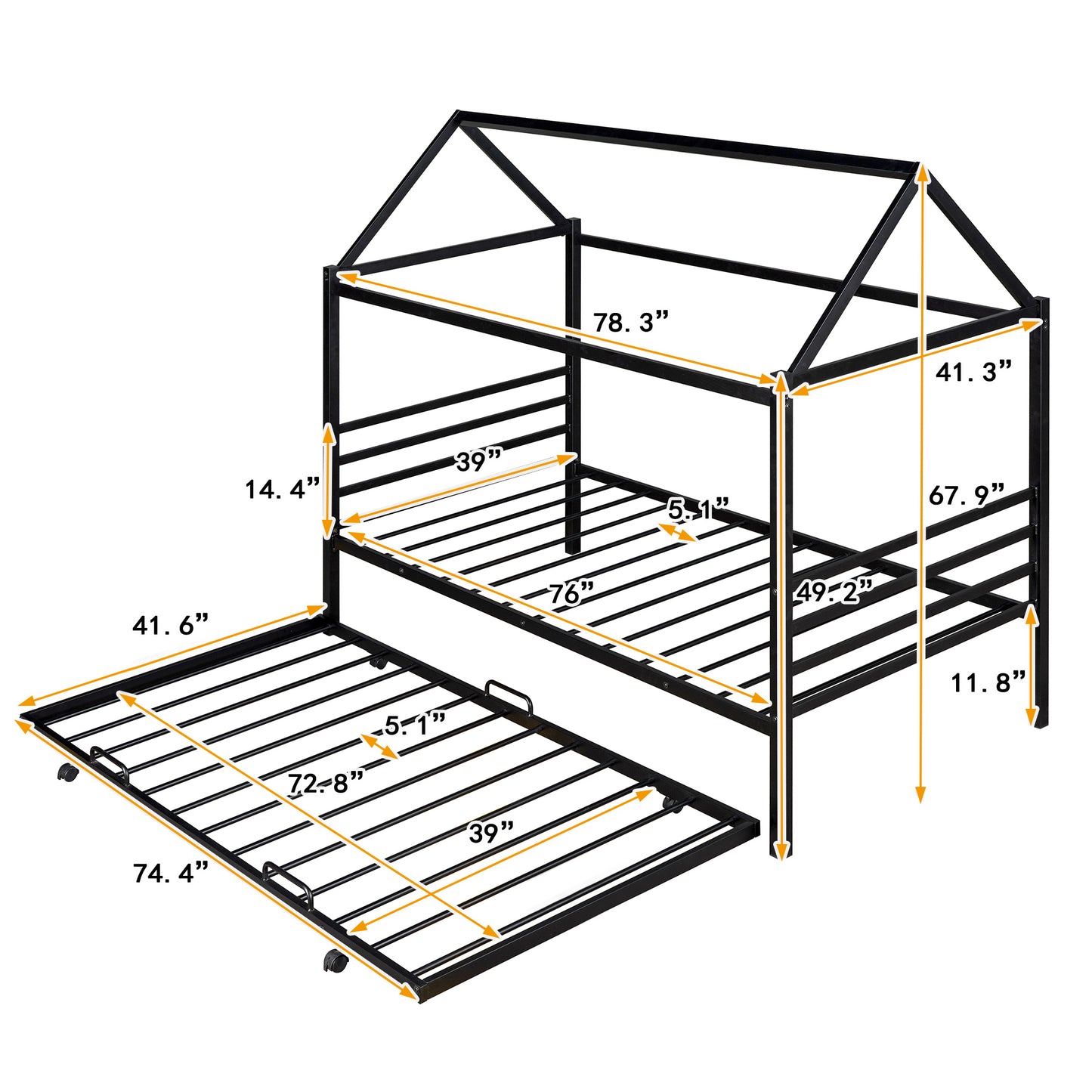 Twin Size Metal House Shape Platform Bed with Trundle Black