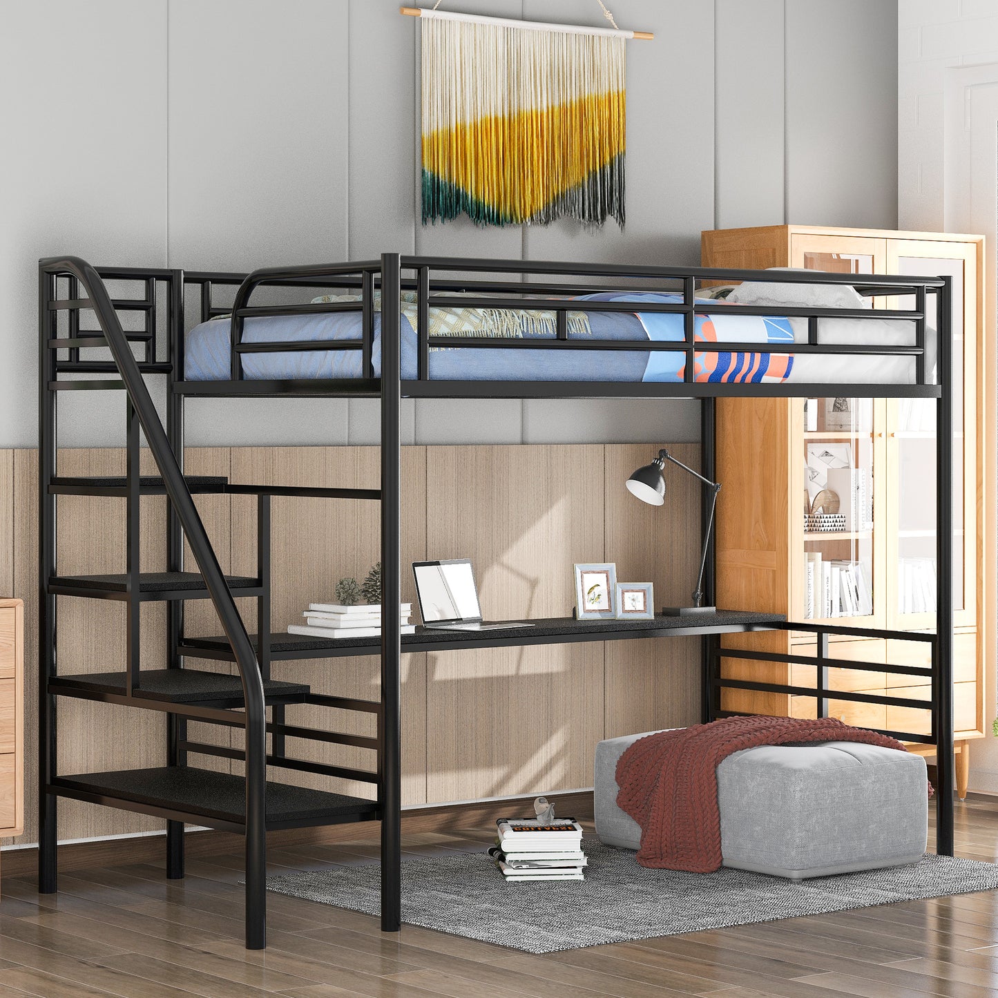 Metal Loft Bed Frame with Desk  No Box Spring Needed Twin Black