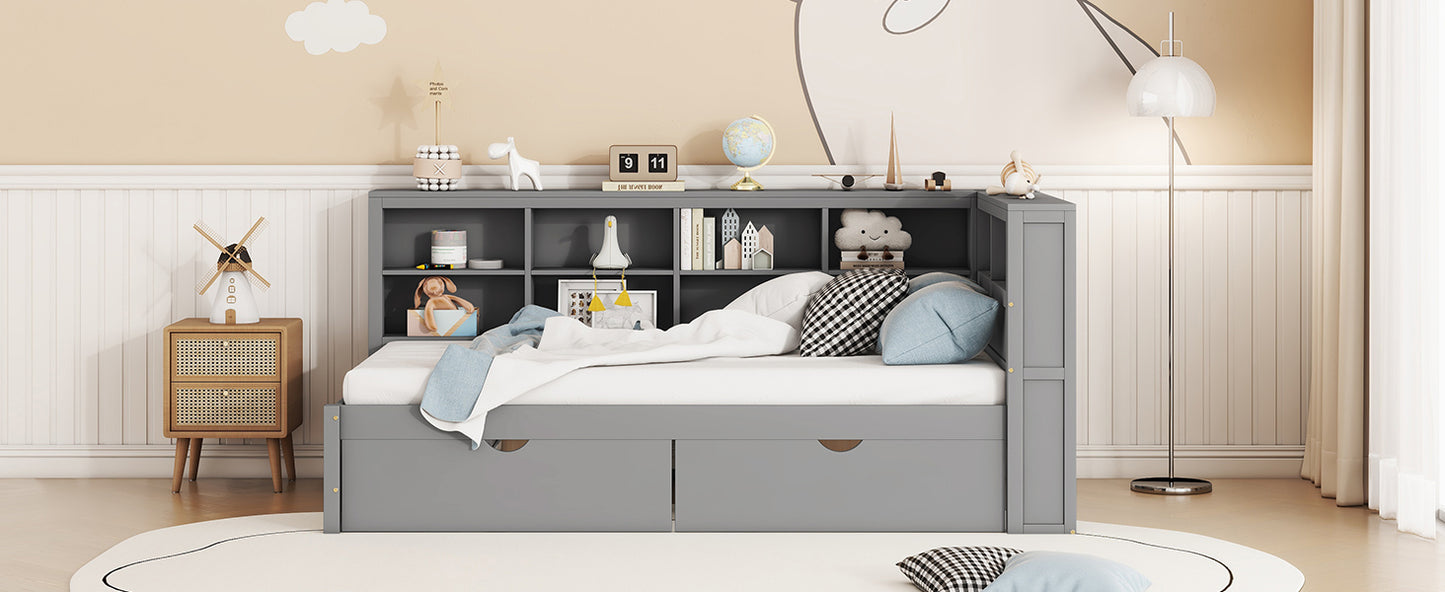 Wooden Twin Size DayBed with 2 Drawers, DayBed with Storage Shelf and USB Charging Ports,Grey