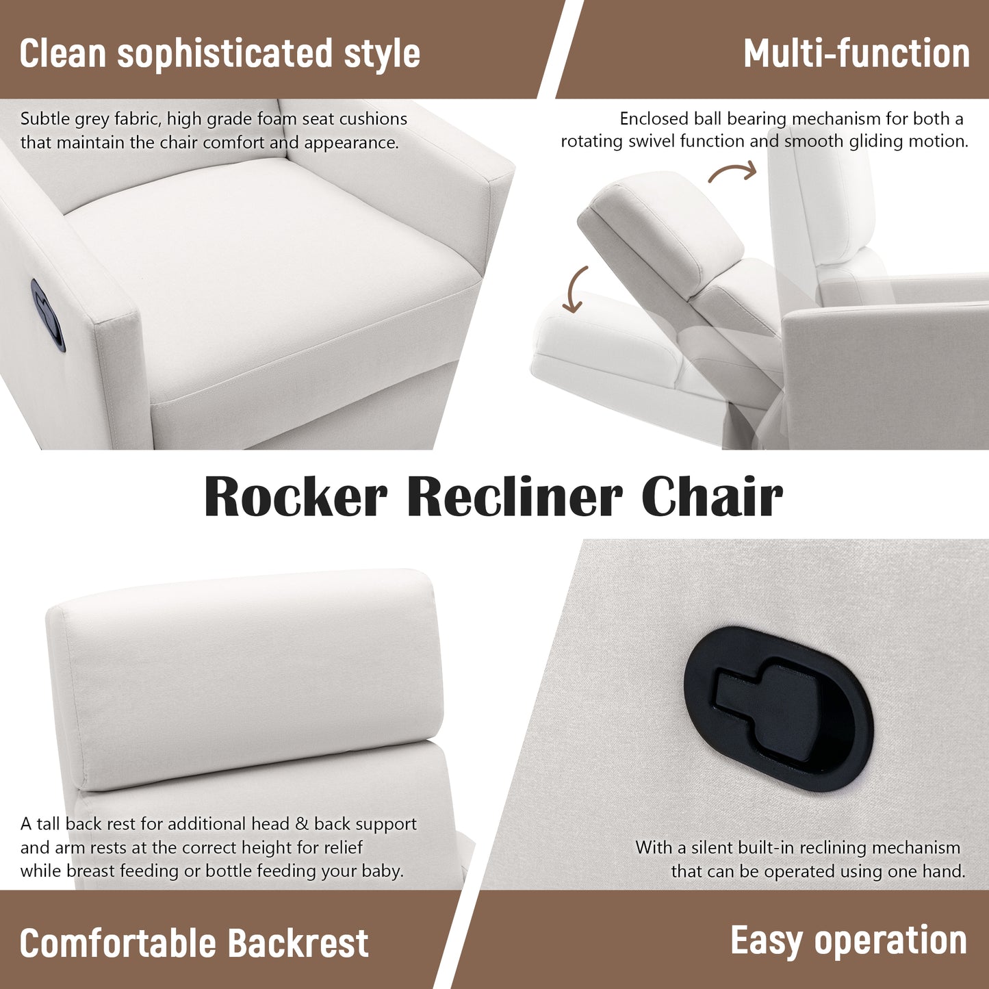 Modern Upholstered Rocker Nursery Chair Plush Seating Glider Swivel Recliner Chair Beige