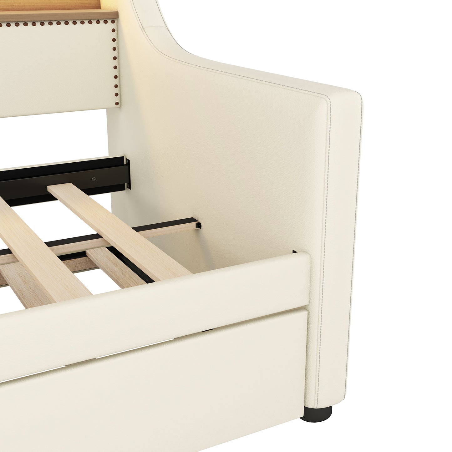 Twin Size Daybed with Trundle, Upholstered Daybed with Charging Station and LED Lights, White