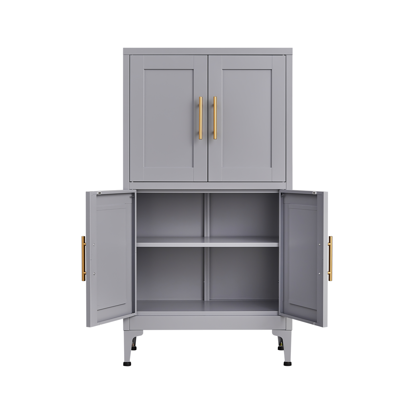 Grey Metal Kitchen Storage Cabinet with Adjustable Shelves and Leveling Feet