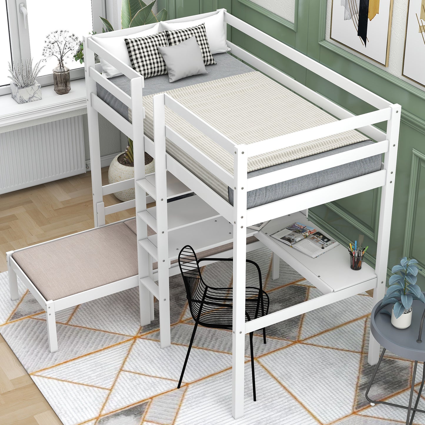 Convertible Loft Bed with L-Shape Desk, Twin Bunk Bed with Shelves and Ladder White