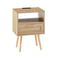 Rattan End table with Power Outlet & USB Ports Modern nightstand with drawer and solid wood legs