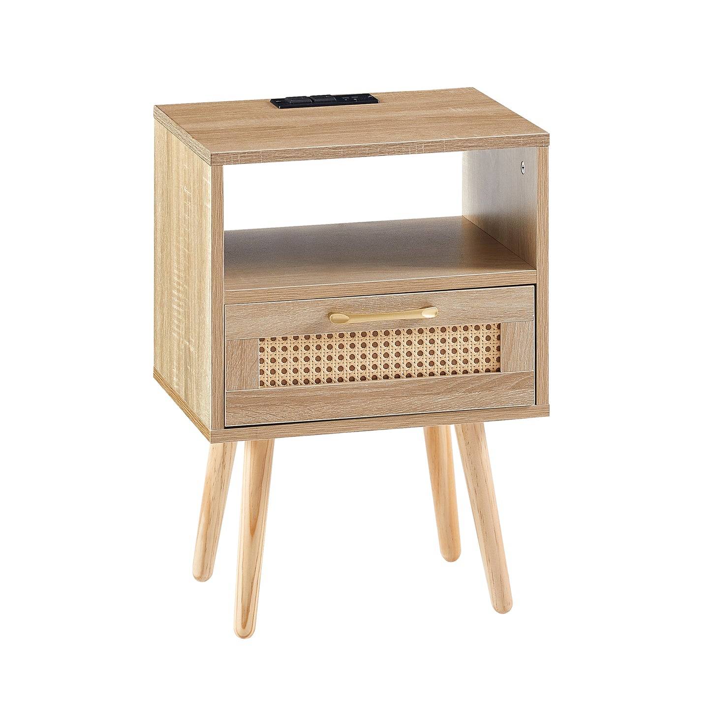 Rattan End table with Power Outlet & USB Ports Modern nightstand with drawer and solid wood legs