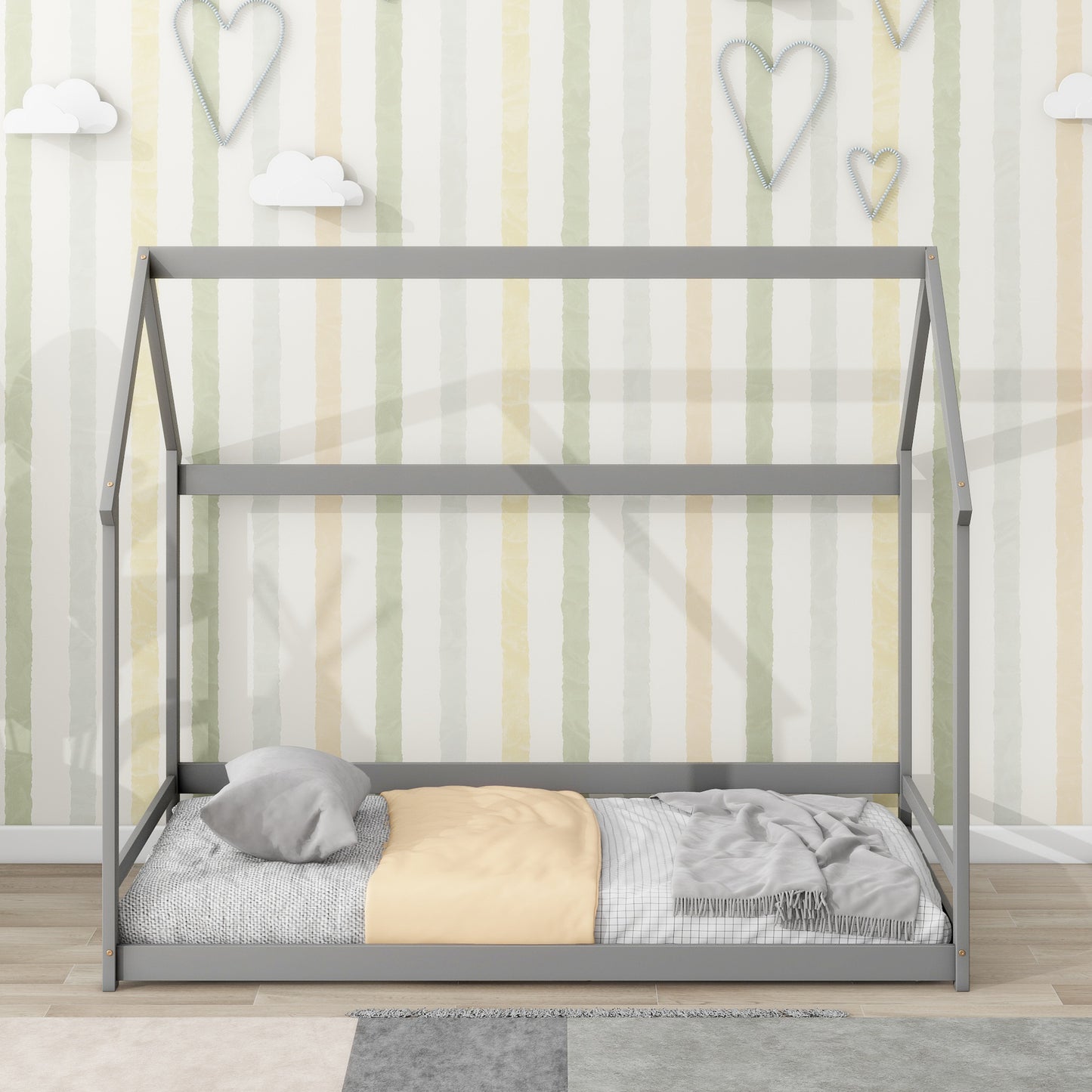 Twin House-Shaped Floor Bed with 2 Detachable Stands Grey