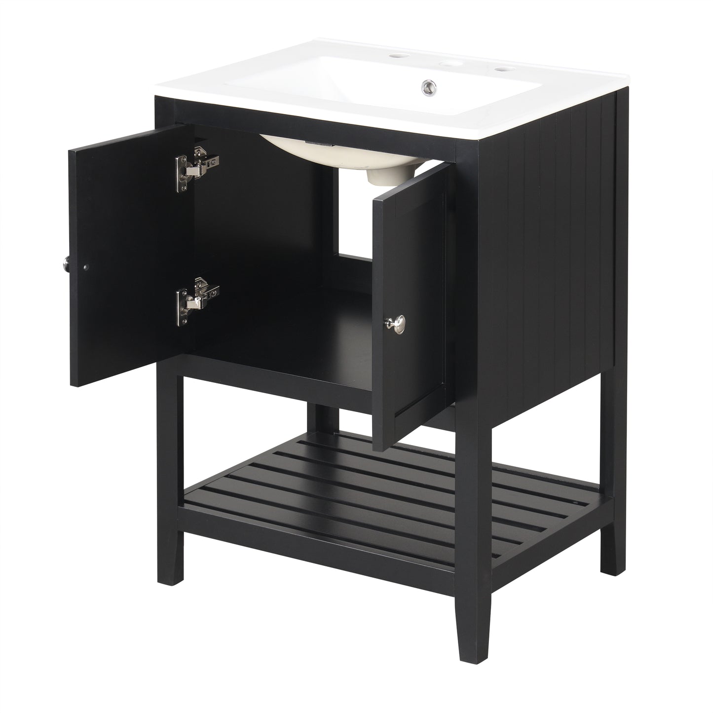 Black Modern Sleek Bathroom Vanity Elegant Ceramic Sink with Solid Wood Frame Open Style Shelf