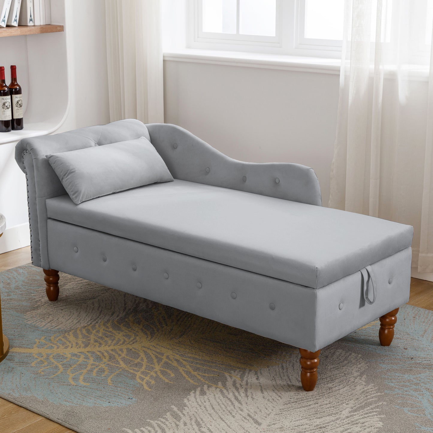 Sillón chaise longue gris de terciopelo para interiores con espacio de almacenamiento y almohada, diseño moderno tapizado con brazos enrollados