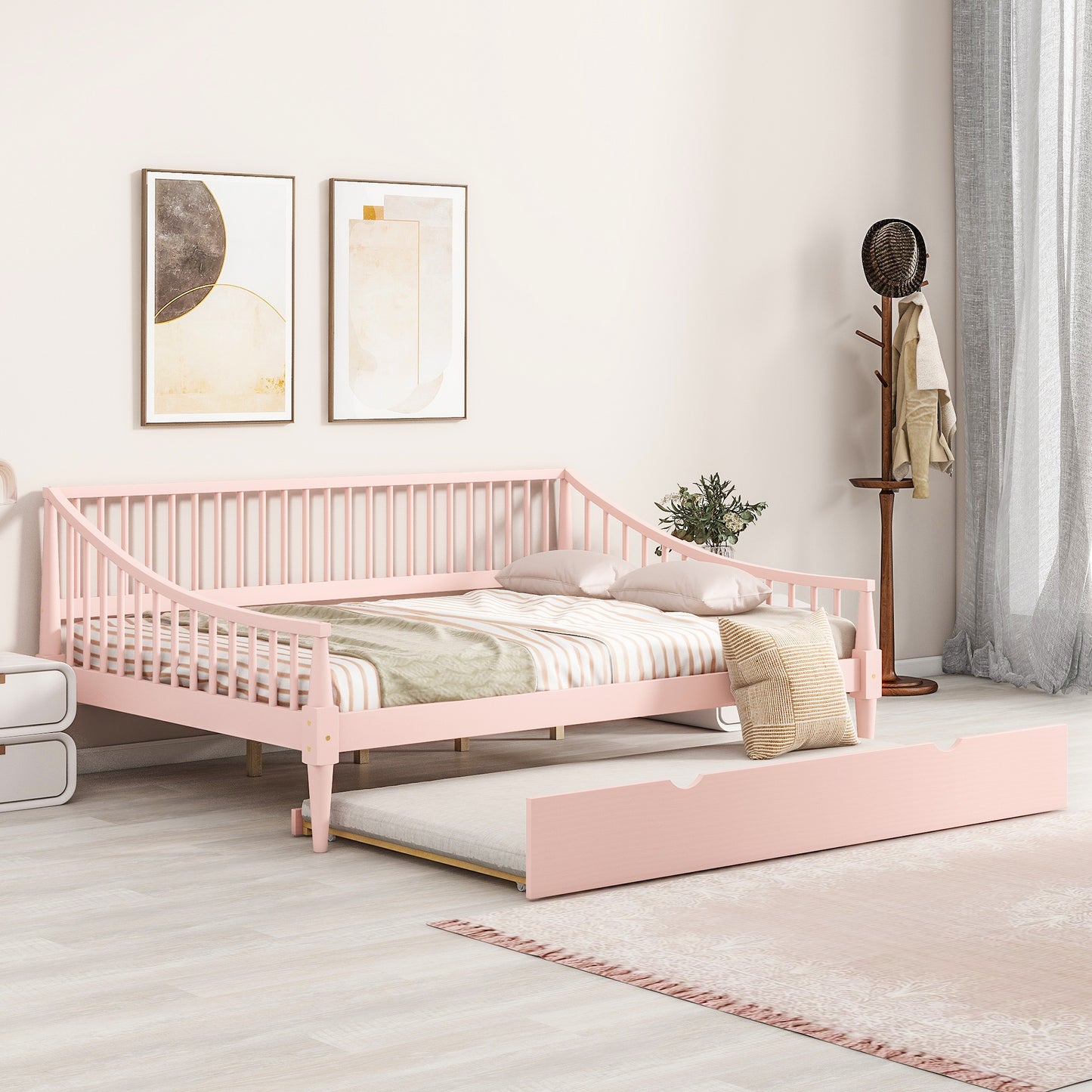 Full Size Daybed with Trundle and Support Legs, Pink Finish for Bedrooms