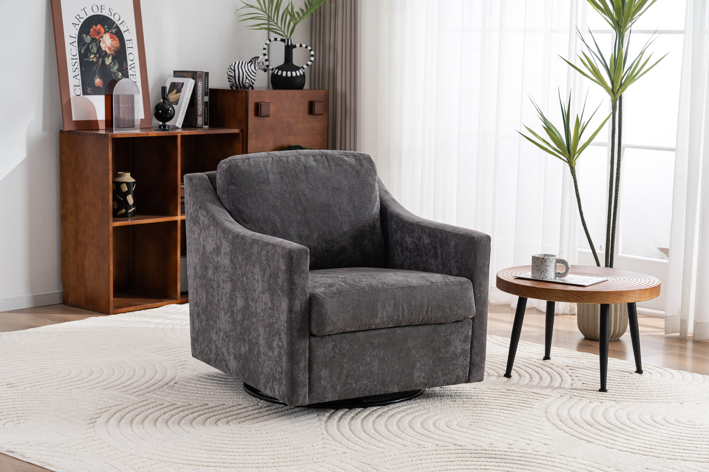 Large Swivel Chair with Soft Cushions, Modern Design in Skin-Friendly Gradient Linen Fabric, Grey Finish