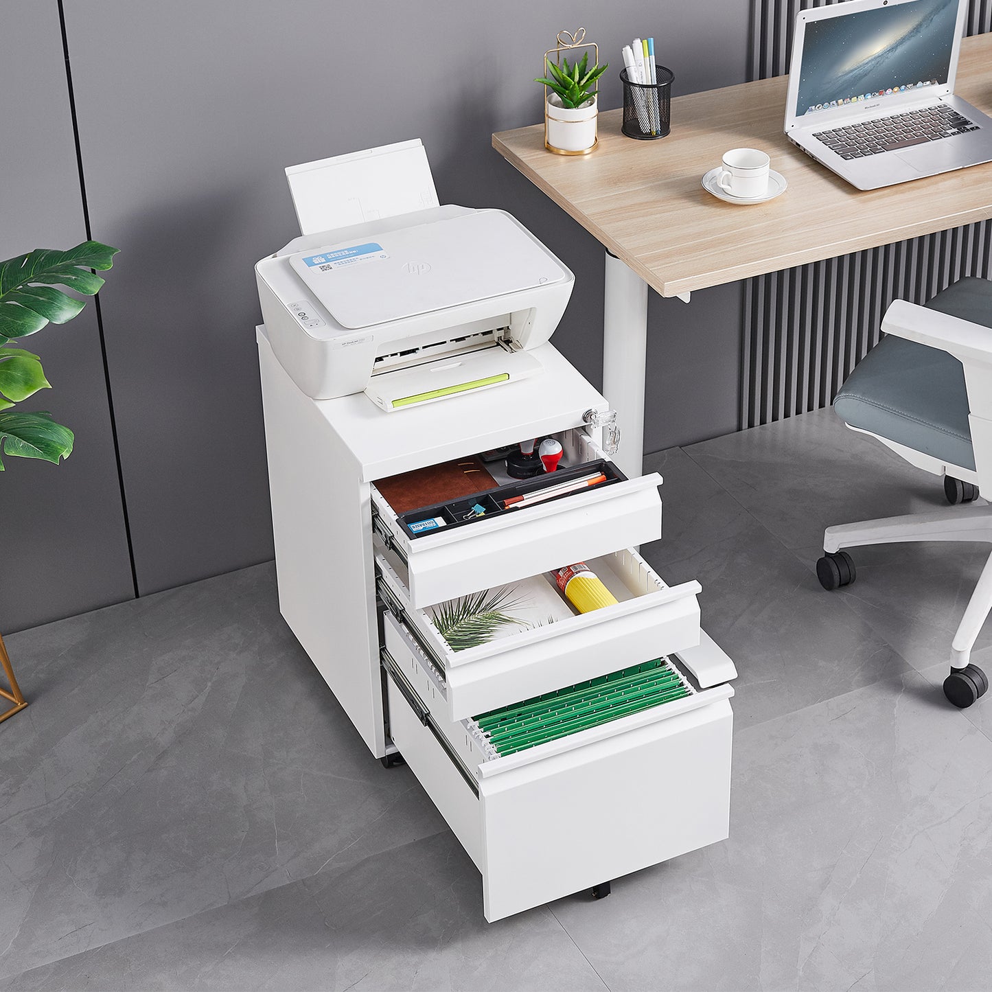 Locked three drawer storage mobile metal filing cabinet, pre assembled filing cabinet, except for wheels under the table (white)