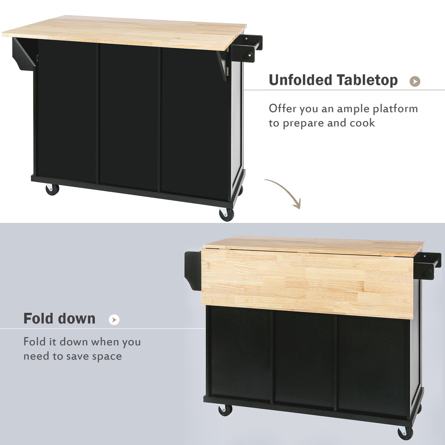 Kitchen trolley with rubber wood leaf countertop, 5-wheel kitchen island, storage cabinet and 3 dining drawers, black