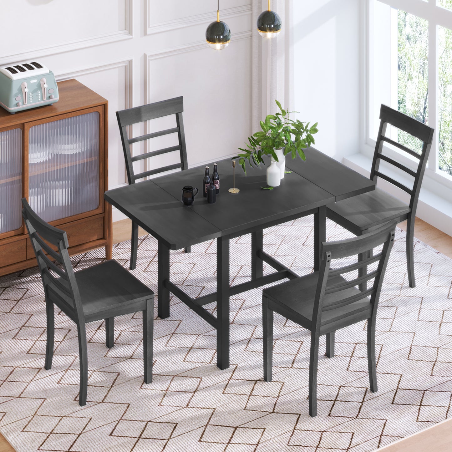 Juego de comedor TOPMAX de 5 piezas con lámpara colgante de madera cuadrada, mesa expandible y 4 sillas con respaldo en forma de escalera, color gris