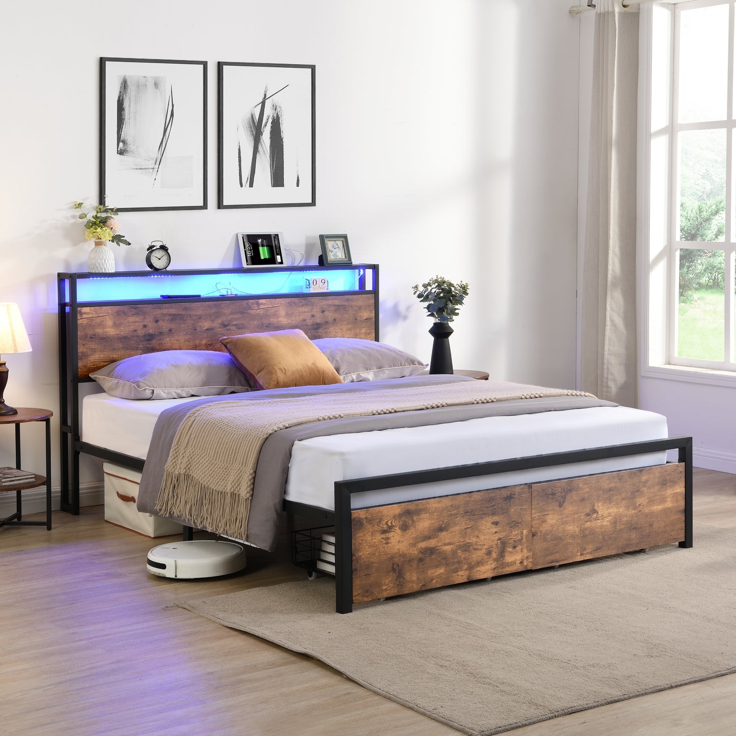 Full size bedstead with storage headboard and 2 drawers, LED light bed with charging station, metal Flat noodles support