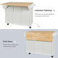 Kitchen trolley with rubber wood leaf countertop, 5-wheel kitchen island, storage cabinet and 3 dining drawers, white