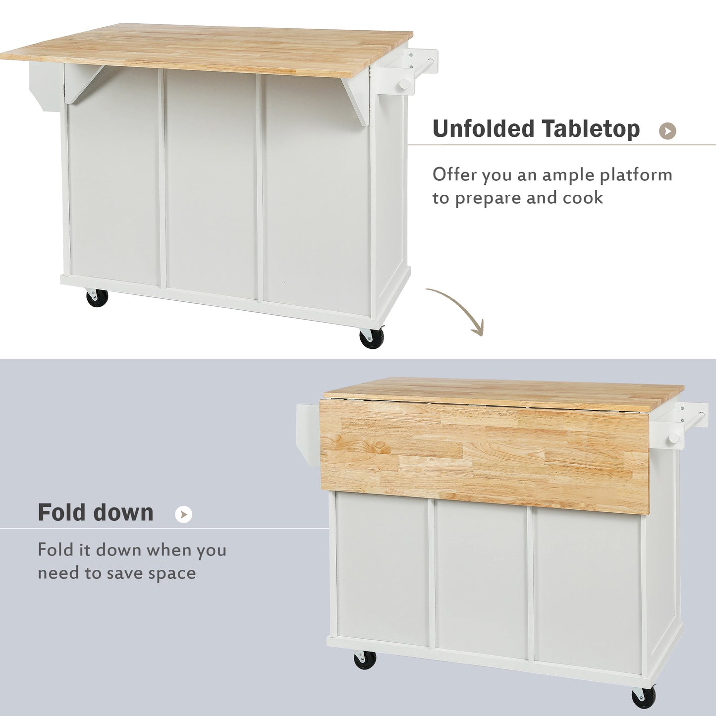 Kitchen trolley with rubber wood leaf countertop, 5-wheel kitchen island, storage cabinet and 3 dining drawers, white