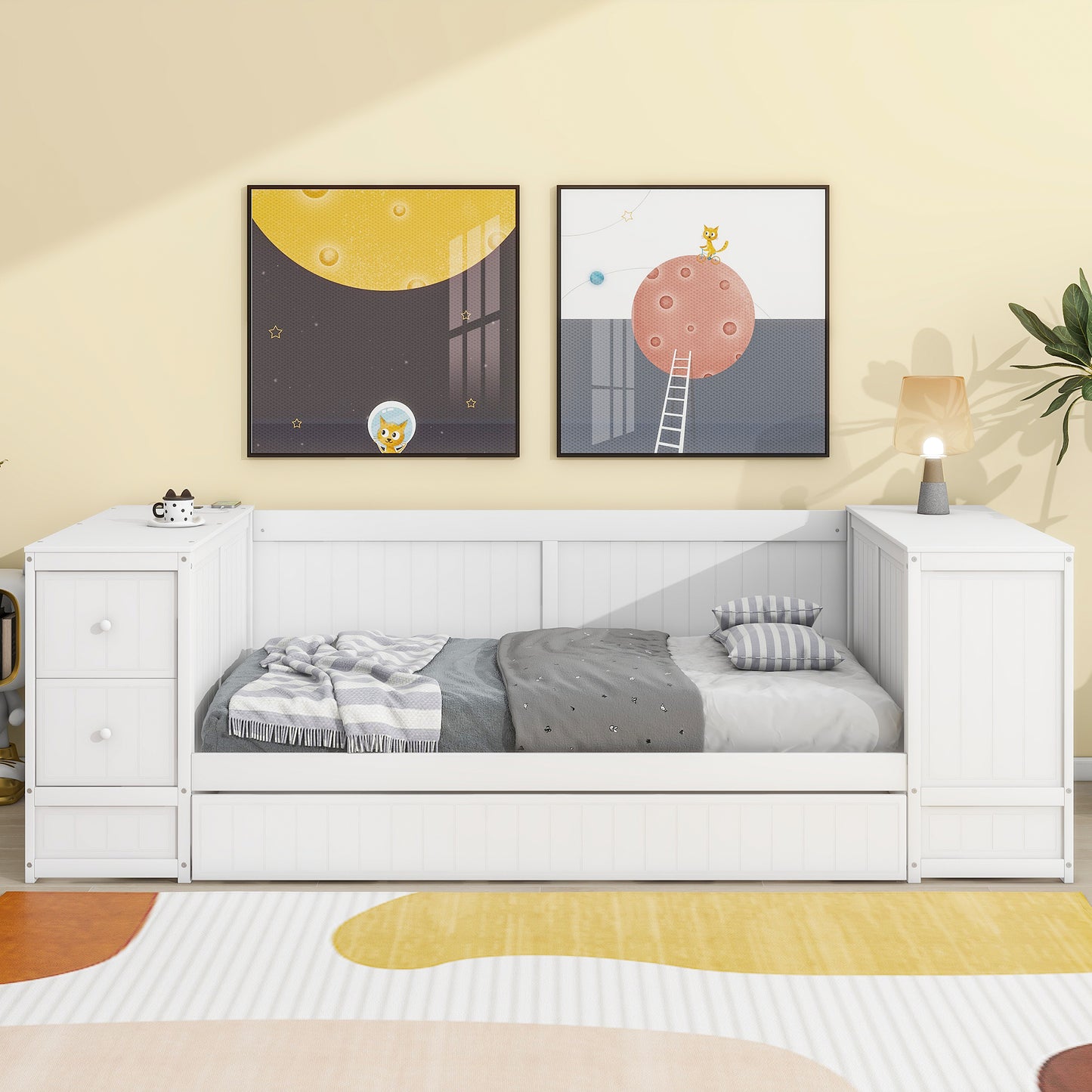 Twin Size Daybed with Storage Arms  Trundle and Charging Station White