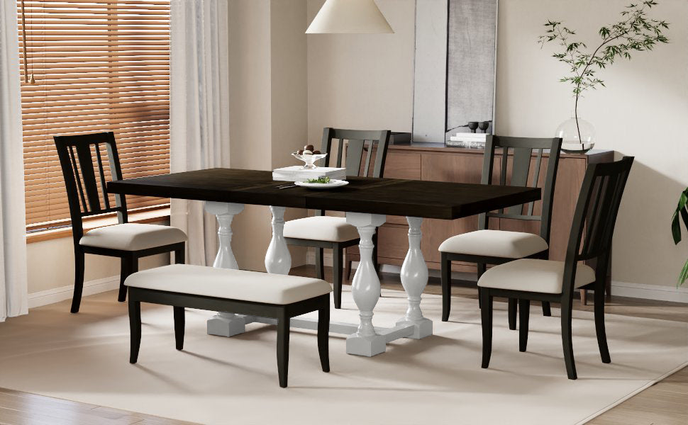 Traditional 6-Piece Trestle Extendable Dining Table Set with Removable Leaf, Padded Chairs, and Bench, Distressed White