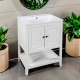 White Modern Sleek Bathroom Vanity Elegant Ceramic Sink with Solid Wood Frame Open Style Shelf