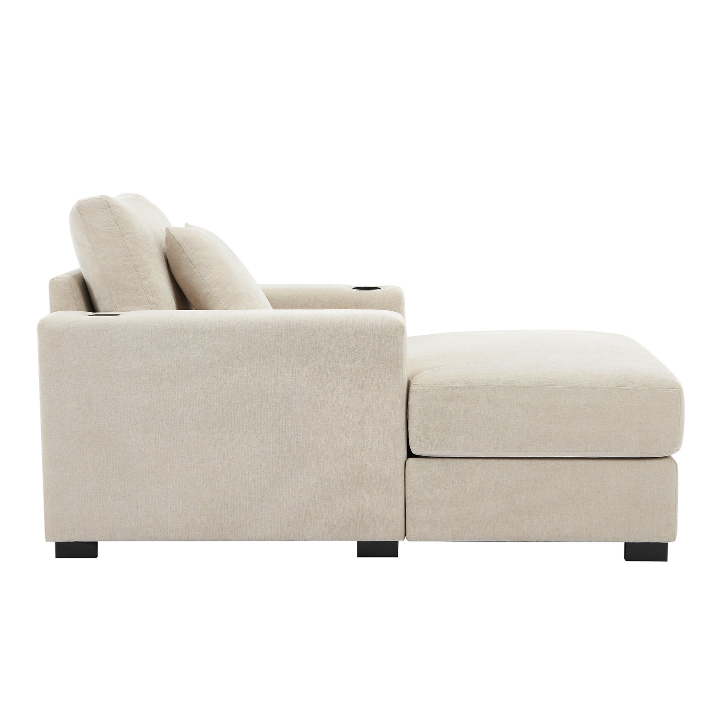 39.7" Oversized Chaise Lounger with Pillows, Charge Station, and Cup Holders, Chenille Fabric in Cream