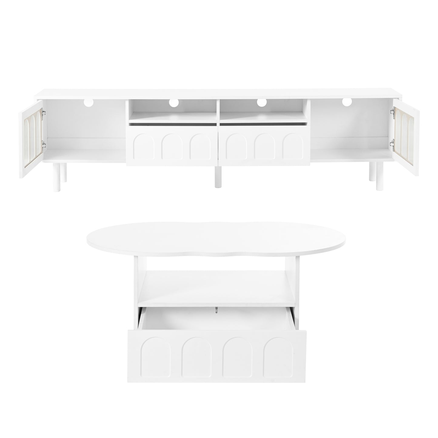 Two sets of ON-TRANS cream style TV stands and coffee tables, suitable for TVs under 80 inches, white