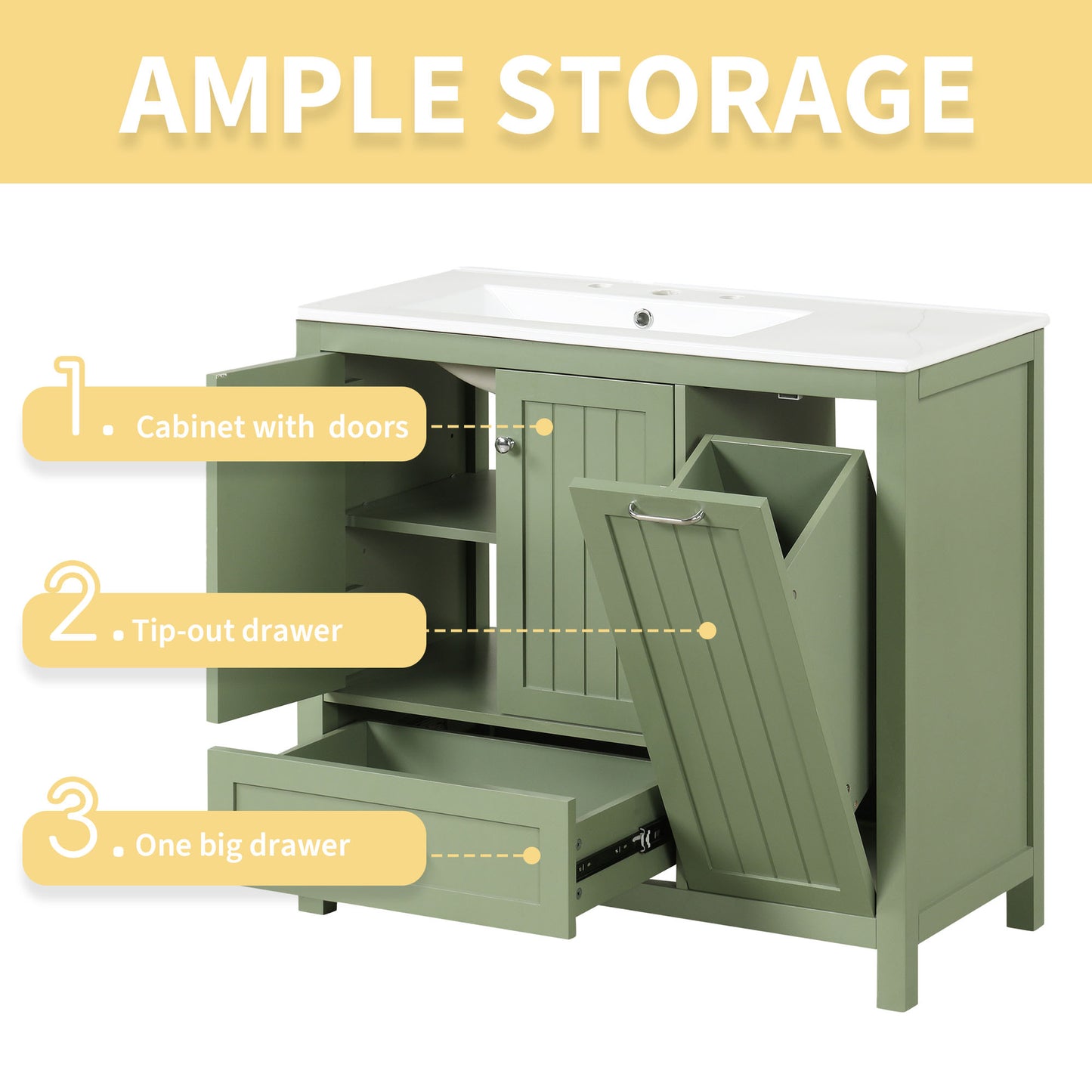 36" Bathroom Vanity with Sink, Double Door Cabinet, Large Drawer, and Flip Drawer, Green Finish