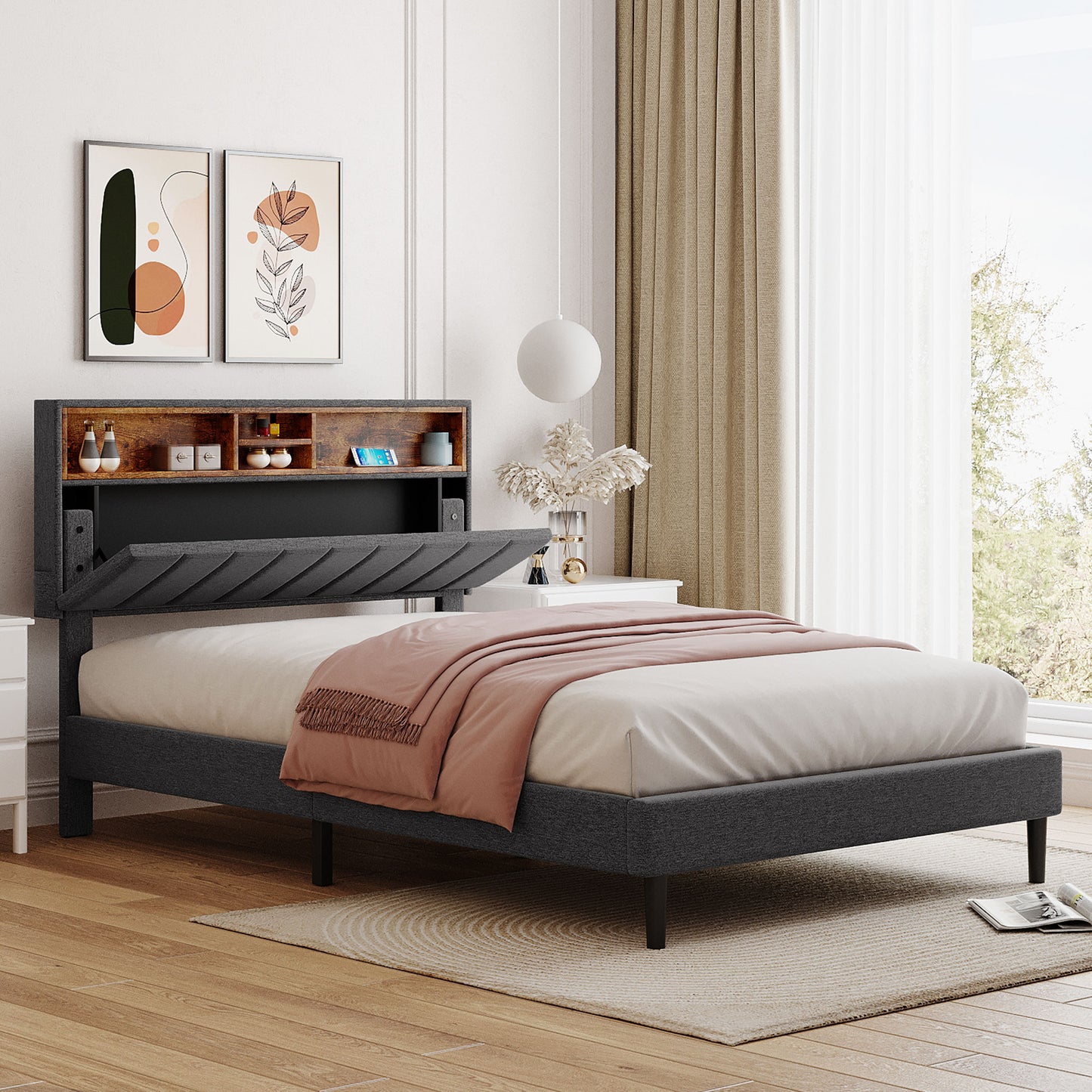 Cama de plataforma tapizada de tamaño completo con cabecera de almacenamiento y puerto USB, tela de lino en color gris