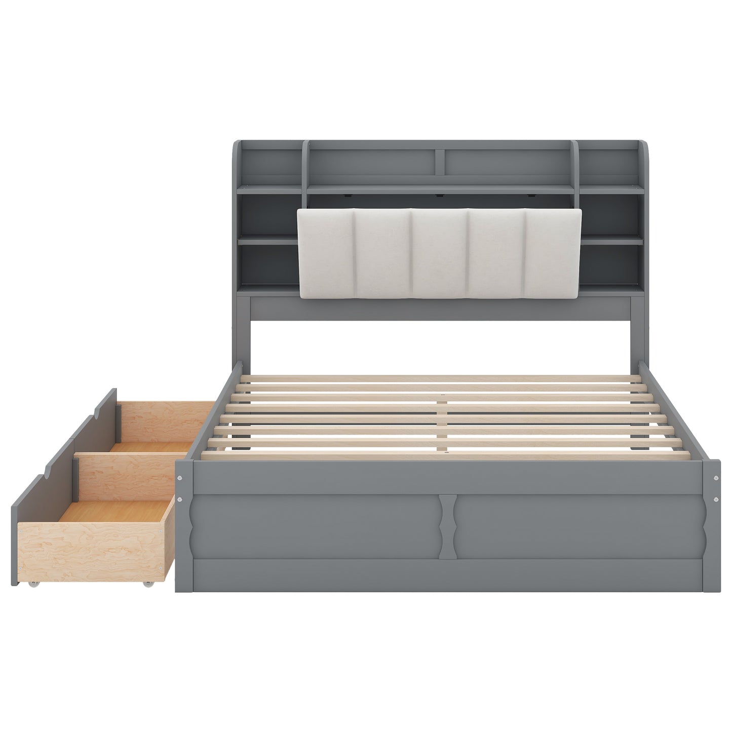 Wood Queen Size Platform Bed with Storage Headboard  Shelves and 2 Drawers  Gray