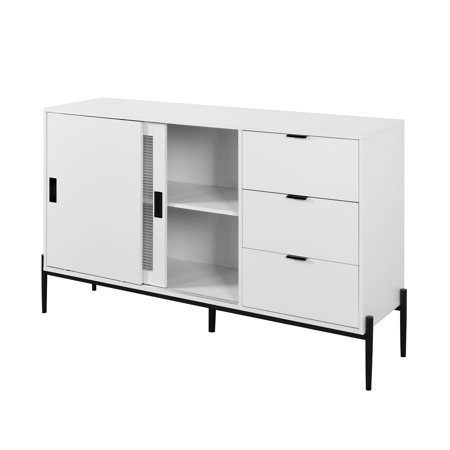 Modern characteristic storage cabinet side panel with glass sliding door and 3 drawers, dining table cabinet in white color