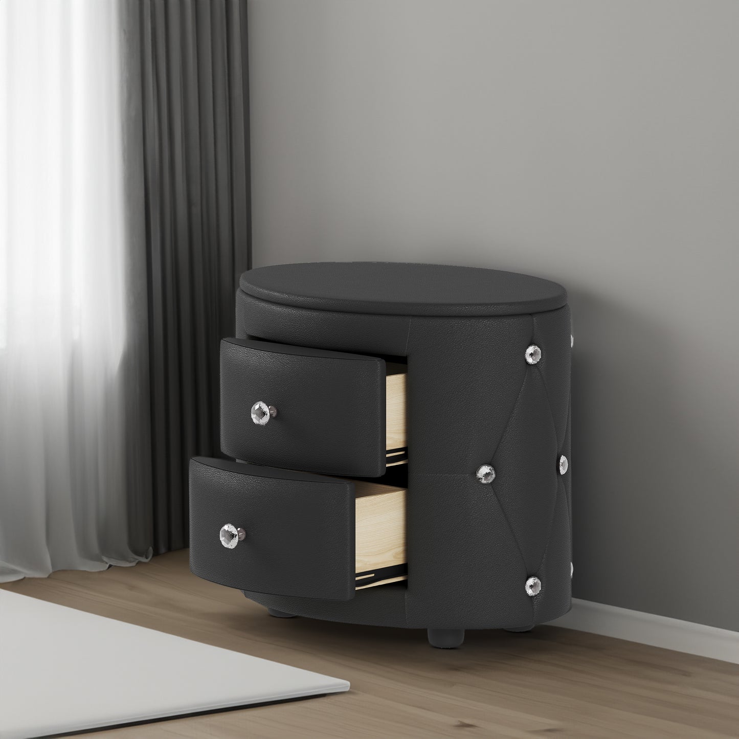 Elegant PU Nightstand with 2 Drawers and Crystal Handle,Fully Assembled Except Legs&Handles,Storage Bedside Table - Black