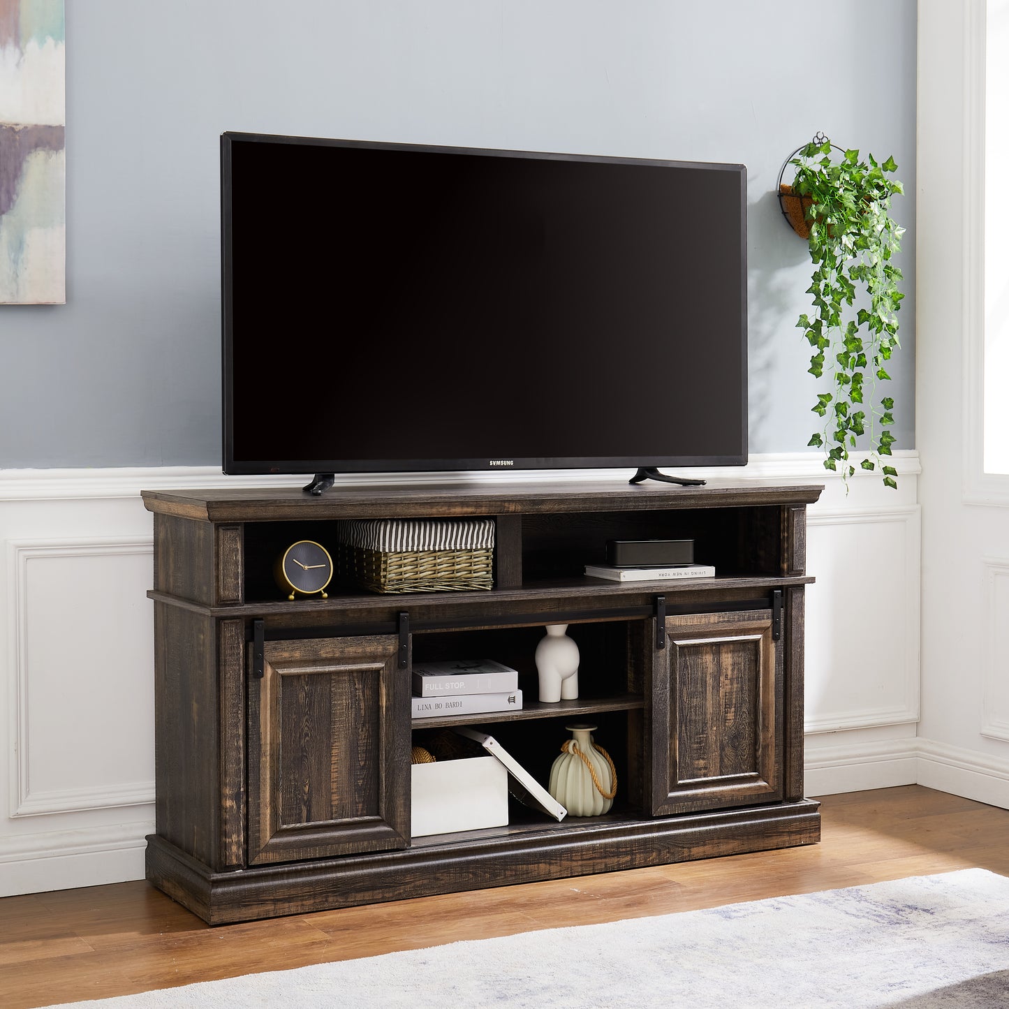 Mid Century Style Sliding Door TV Table with Storage Cabinet 58.11 * 15.79 * 32.36 inches Antique Brown