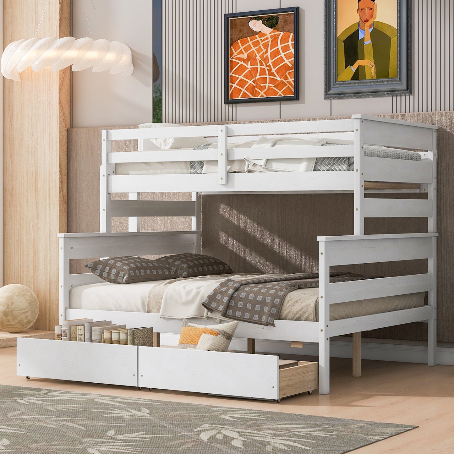 Wood Twin over Full Bunk Bed with 2 Drawers  White