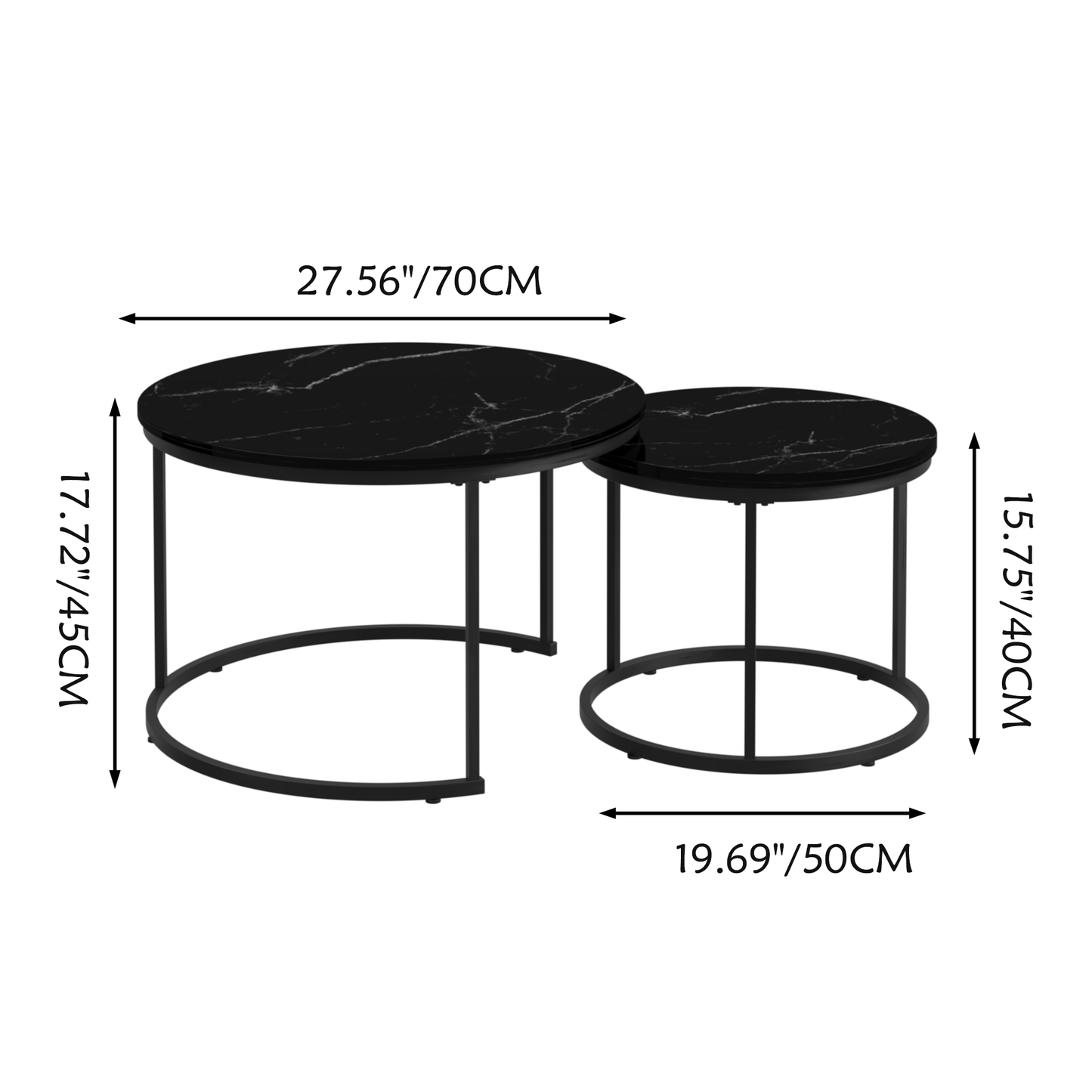 A set of nested coffee tables, 27.6-inch round coffee table, wooden marble patterned tabletop, sturdy metal frame (black)