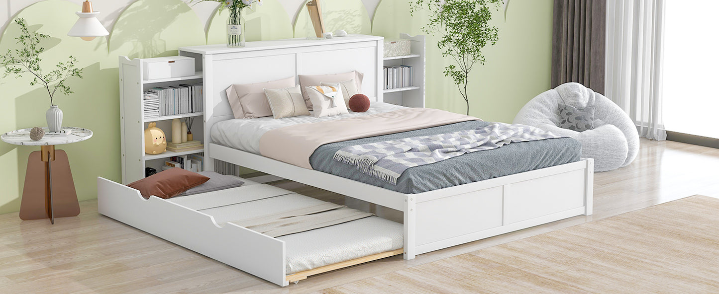 Queen Size Storage Platform Bed with Pull Out Shelves and Twin XL Size Trundle  White