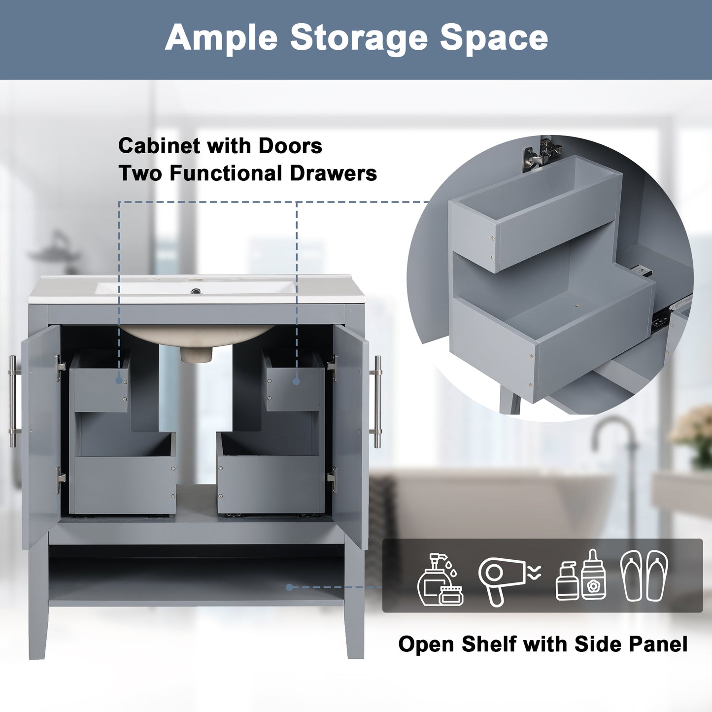 Bathroom Vanity with Sink, Multi-functional Bathroom Cabinet with Doors and Drawers, Solid Frame and MDF Board, Grey