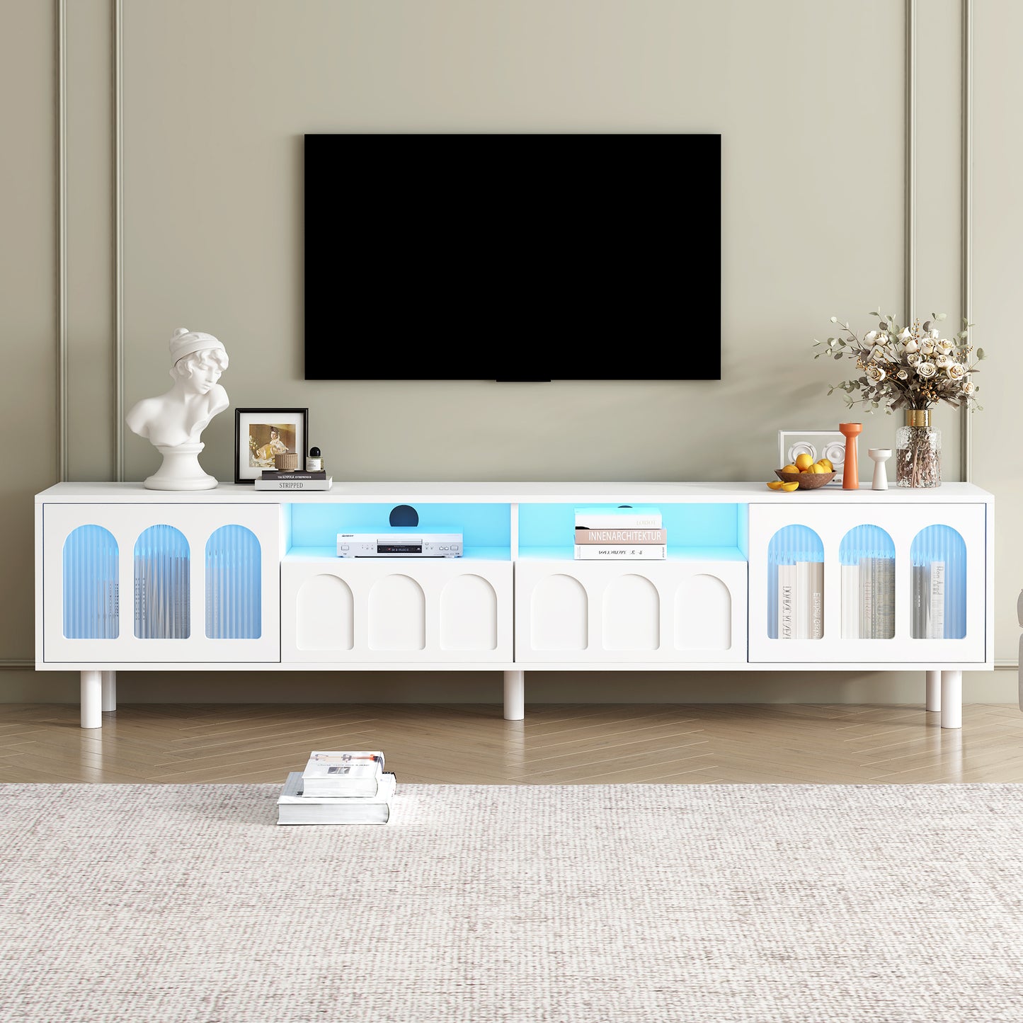 ON-TRANS Cream TV Stand with LED Light Strip, Tempered Glass Door for 80-Inch TVs, White Finish