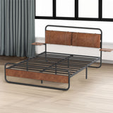 King Size Metal Bed Frame with Upholstered Headboard, with wireless charging and USB A & USB C, Touch LED light Vintage Brown