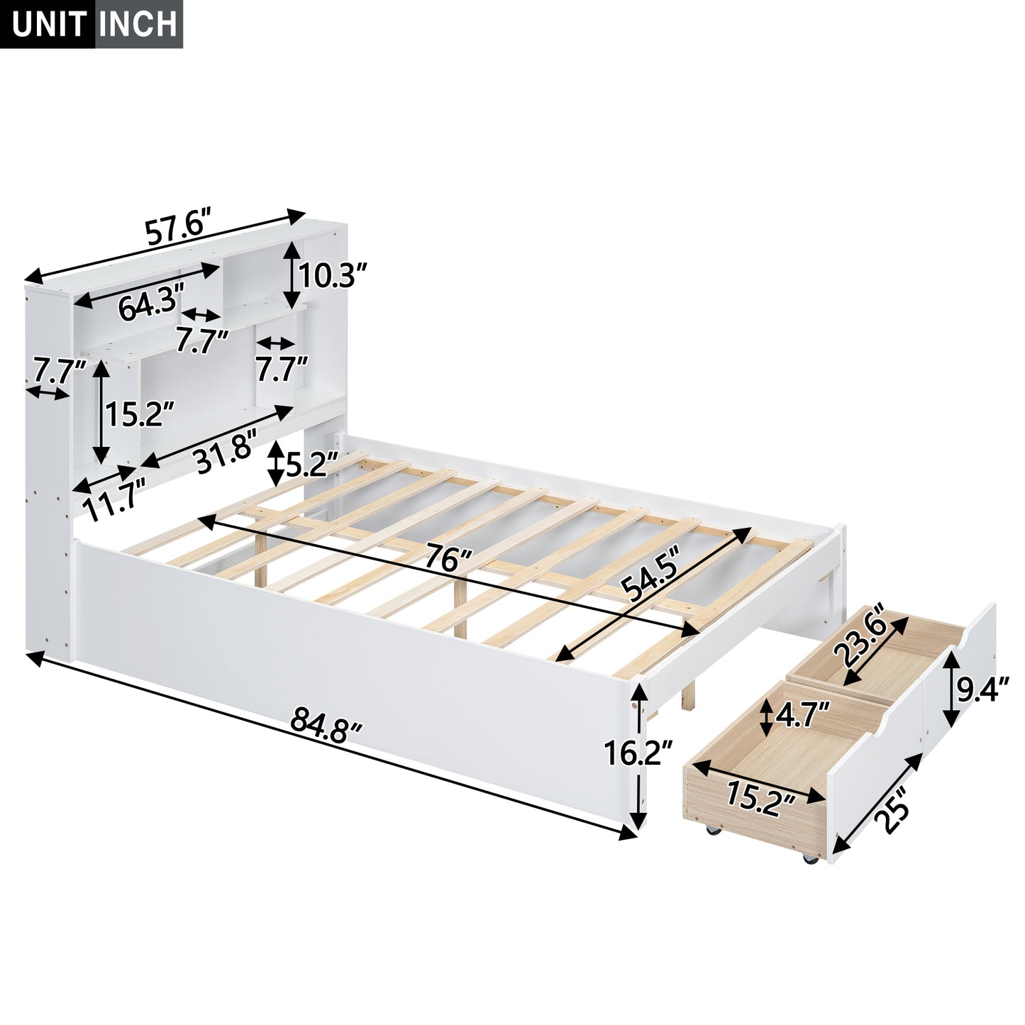 Full Size Platform Bed with Storage Headboard and 2 Drawers, White