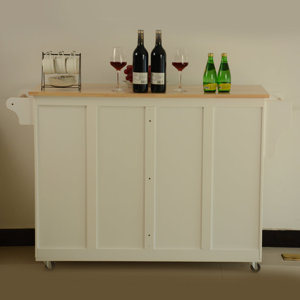 Kitchen Island and Cart, Mobile Design with Rubber Wood Leaf Countertop and Storage Cabinet