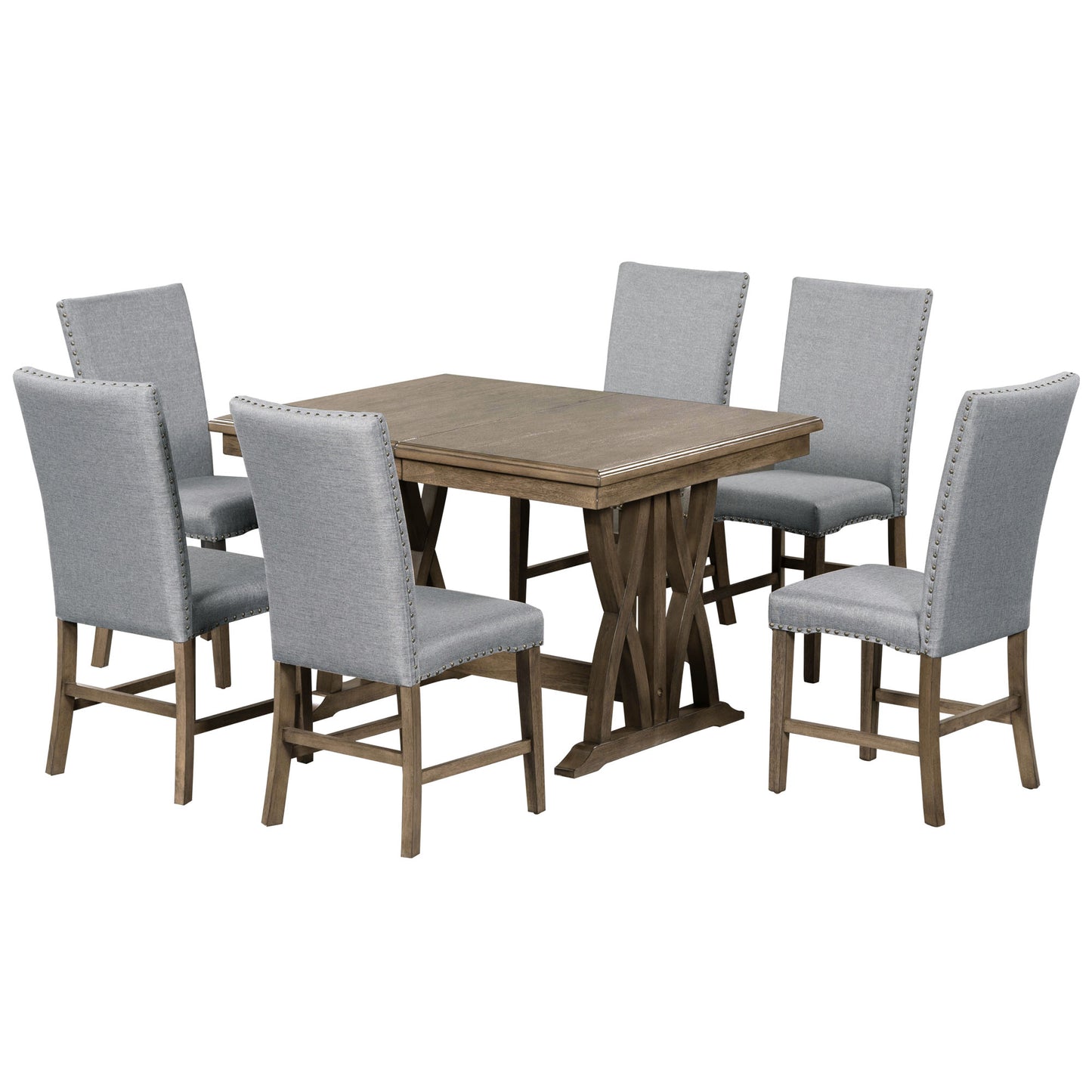 TOPMAX Mid-Century Solid Wood 7-Piece Expandable Dining Table Set with Soft Cushioned Chairs, Gold Brown and Gray